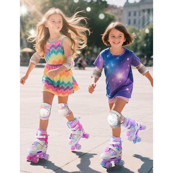 Kids Purple Rainbow Adjustable Light Up Roller Skates With Fluffy Pom Poms - Picture 9 of 9